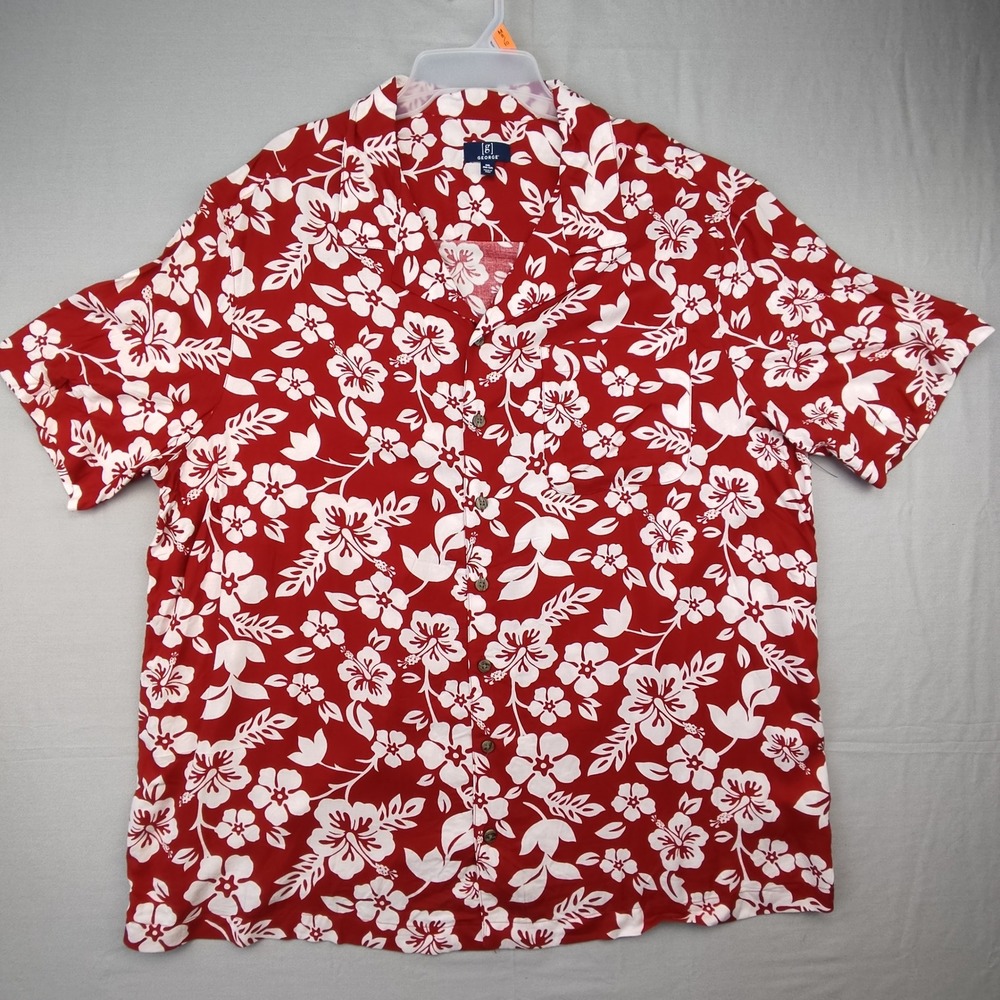 George Button Down Shirt Mens 2XL Red White Floral Hibiscus Aloha Camp Rayon